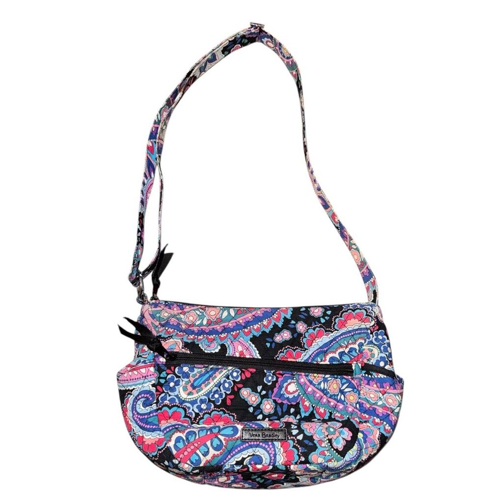 Vera Bradley Quilted Cotton Shoulder‎ Bag Black Floral Paisley Zip Top Festival